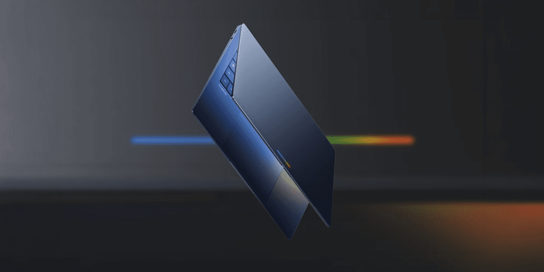 A sleek, blue laptop is shown floating against a dark background with colorful lines.