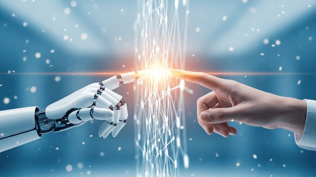 A robotic hand and a human hand reaching towards each other, sparks igniting between them